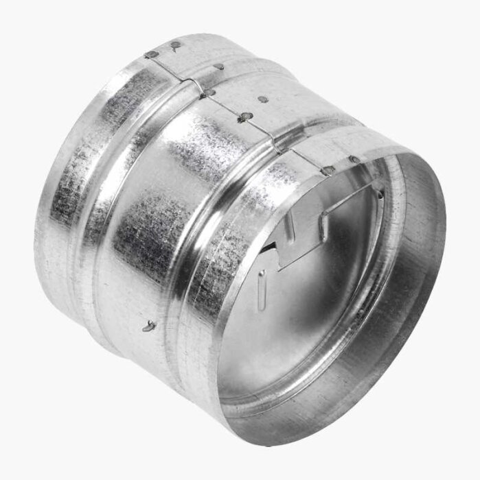 Metalliskt kallrasskydd, cylindrisk form, används i ventilation mellan badrum och tak för att hindra kall luft från att tränga in.