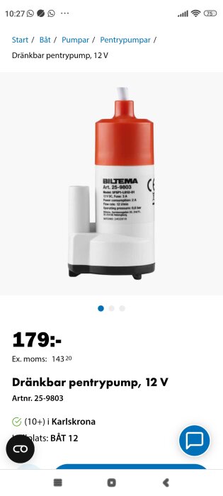 Dränkbar pentrypump från Biltema, 12 V modell SFSP1-L012-01, visas med pris 179 kr. Art.nr 25-9803, säljs i Karlskrona.