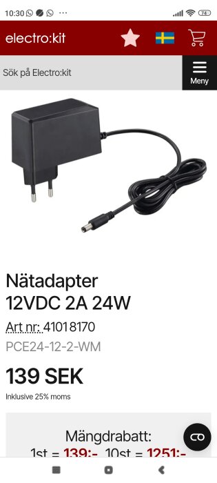 Nätadapter 12VDC 2A 24W med kabel och kontakt, artikelnummer 41018170, visas med priset 139 SEK inklusive moms.