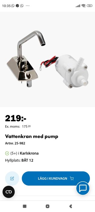 Vattenkran med pump för 219 kr hos butik i Karlskrona, lämplig för användning med 12V strömförsörjning i båt eller husvagn.