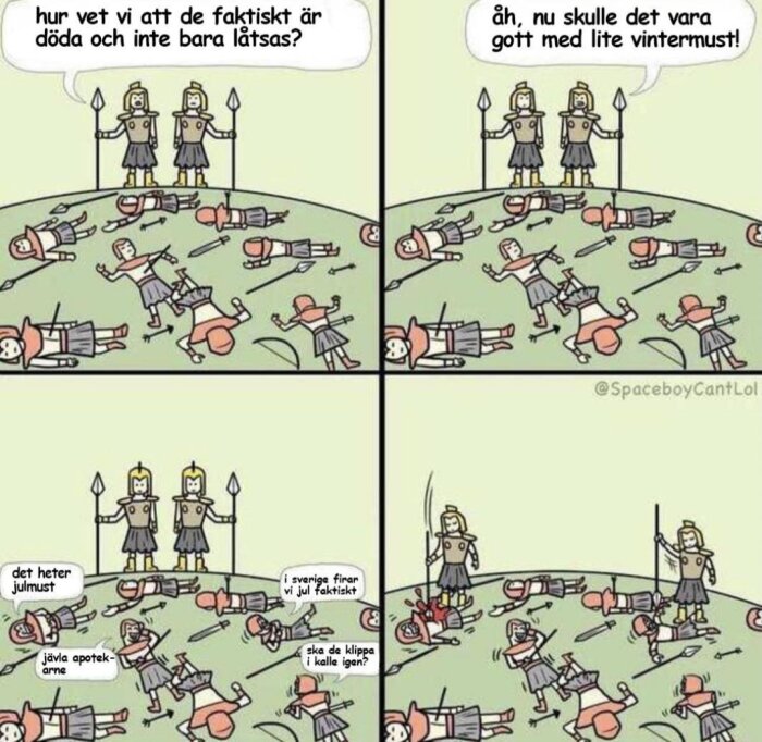 Riddare står bland slagfält med pratbubblor om julmust och vintermust, med en skämtsam ton relaterad till svensk tradition.