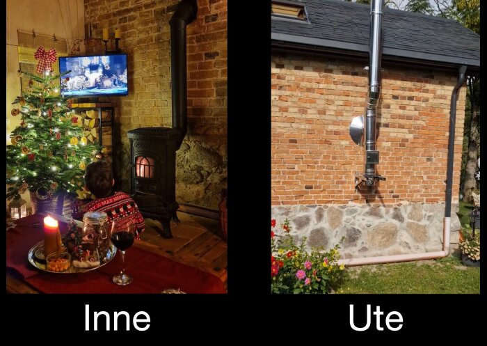 Inomhusbild med gjutjärnskamin nära julgran; utomhusbild visar skorsten monterad genom tegelvägg.