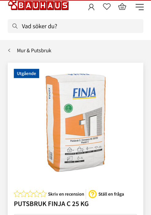Putsbruk Finja C 25 kg från BAUHAUS, utgående produkt, med orange och vit förpackning avsedd för putsning och renovering.