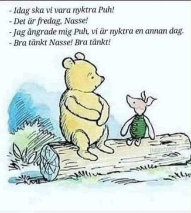 Tecknad bild på en björn och en gris som sitter på en trädstam och diskuterar om att vara nyktra.