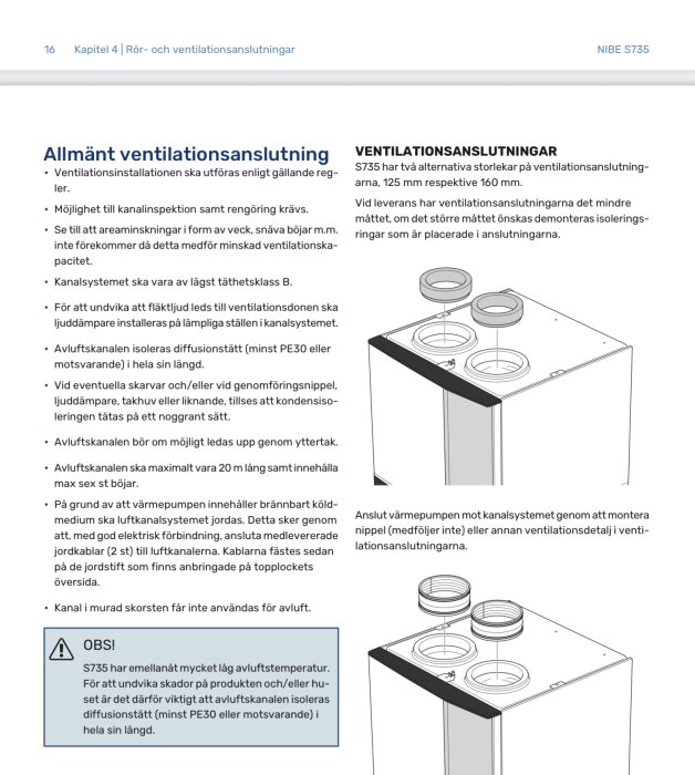 Schema över ventilationstillbehör för NIBE S735 värmepump, inklusive olika anslutningsmöjligheter och isoleringsalternativ.