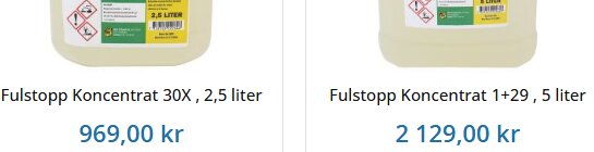 Två dunkar med Fulstopp Koncentrat, 2,5L för 969 kr och 5L för 2 129 kr, visar prisdiskrepans.