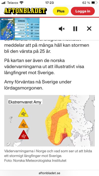 Väderkarta visar stormvarningar i Norge med vindikoner och färgskalor. En form liknar ett långfinger riktat mot Sverige.