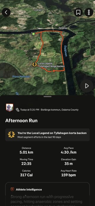 Skärmavbild av en löpning i Borlänge kommun med karta och detaljer som distans, tid, tempo, kalorier och medelhjärtfrekvens, samt titel "Afternoon Run".
