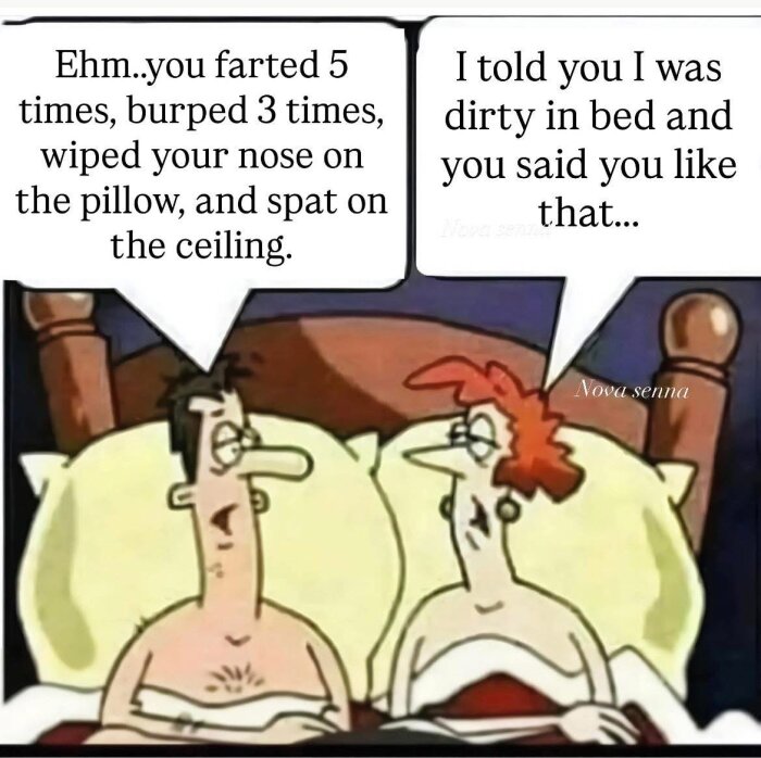 En tecknad bild av en man och kvinna i sängen med pratbubblor: mannen klagar på beteende, kvinnan svarar skämtsamt om att vara smutsig.