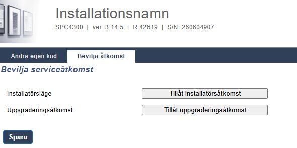 Bevilja serviceåtkomst-meny med alternativ för installatörs- och uppgraderingsåtkomst på en Siemens SPC-larmkontrollpanel.