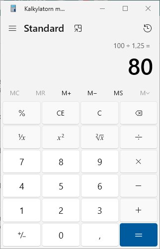 Bild av en kalkylator på en dator med beräkningen 100 ÷ 1,25, som visar resultatet 80.