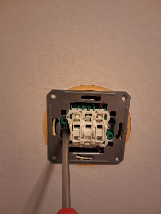 En skruvmejsel justerar skruvarna på en väggmonterad strömbrytare med borttagen knapp och ram, installerad i en väggöppning.