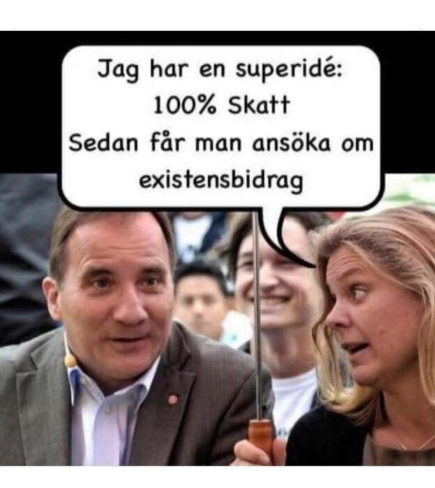 Två personer under en konversation med en humoristisk pratbubbla om att ansöka om existensbidrag vid 100% skatt, bakgrund av människor.