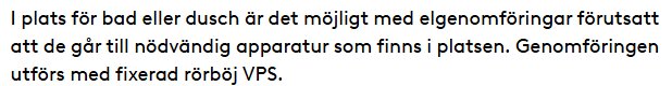 Utdrag från BBR-reglerna för badrumsgenomföringar, nämner fixerad rörböj VPS för apparatur i duschzon.