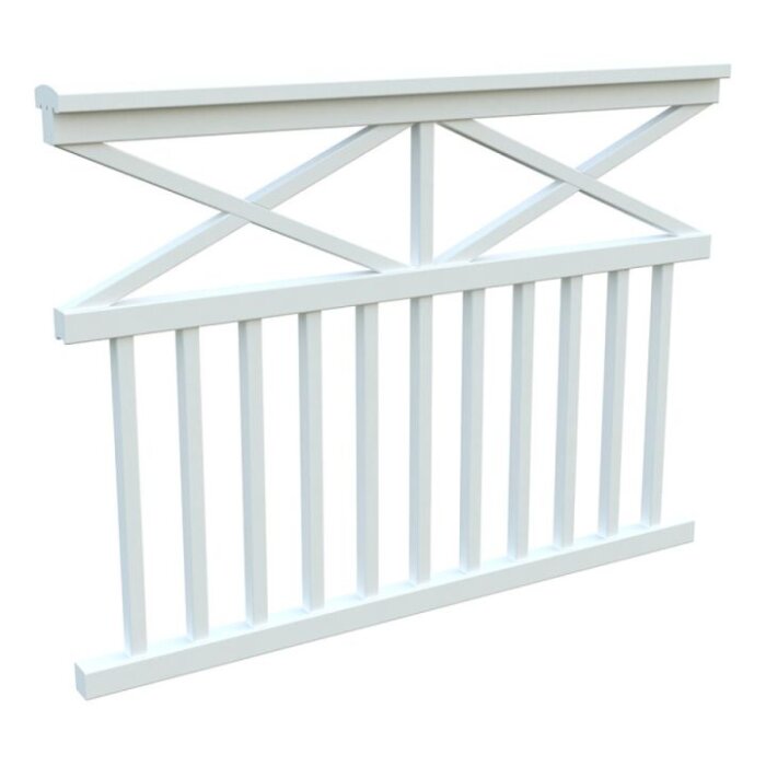 Vit träpanel med lodräta spjälor och diagonalt kryssmönster upptill.