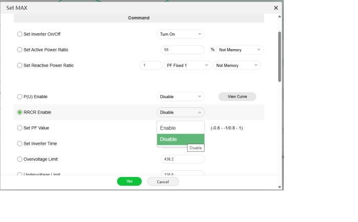 Skärmbild av inställningar i växelriktarens mjukvara, där man kan aktivera eller inaktivera funktionen RRCR.