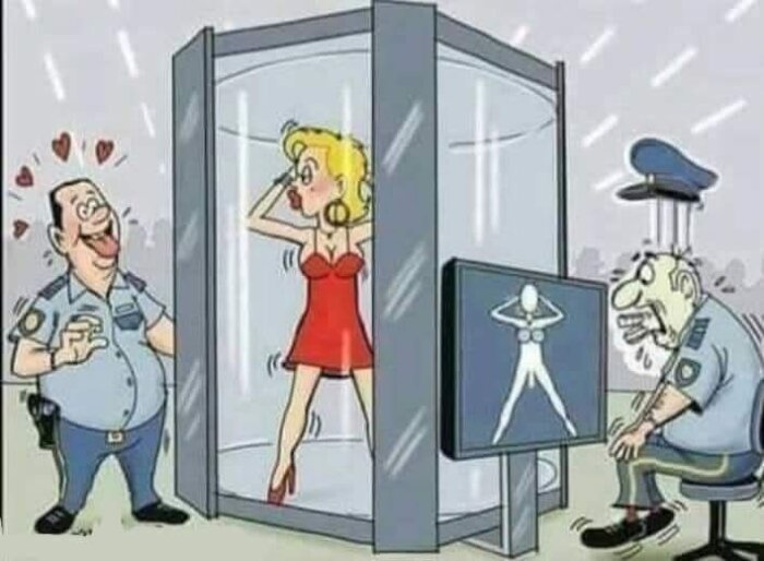 Tecknad bild av två poliser och en kvinna i en säkerhetsscanner. En polis ser förälskad ut och den andra iakttar en skärm.