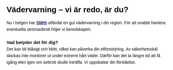 Vädervarning från SMHI om gul varning, information om påverkan på elförsörjning och beredskap vid strömavbrott, uppmaning till försiktighet.
