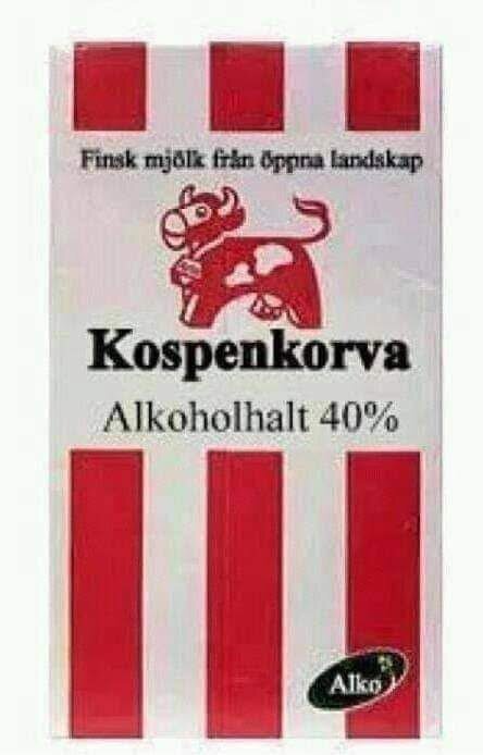 En humoristisk bild med en Koskenkorva-flaska märkt "Finsk mjölk", alkoholhalt 40 %, och en tecknad ko.