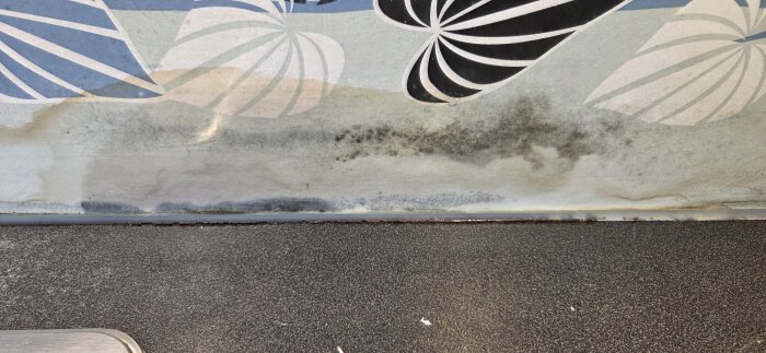 Fuktskadad köksvägg med mögelliknande fläckar bakom en glasskiva ovanför diskbänken, dåligt tätad fog, mönstrad tapet synlig.