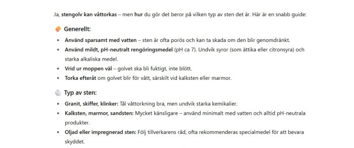 Guide för våttorkning av stengolv, innehållande instruktioner för olika stenmaterial såsom granit och marmor, samt tips om rengöringsmedel.