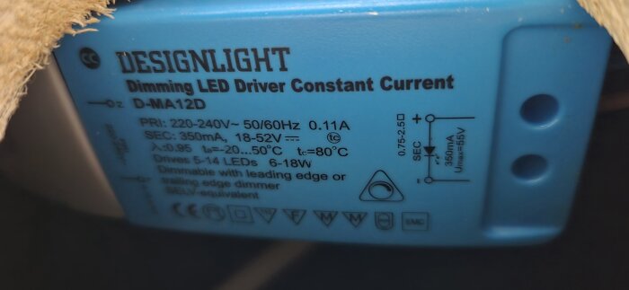 Blått drivdon från Designlight för dimbara LED-lampor, med specifikationer som 220-240V, 350mA och driftsområde 18-52V.