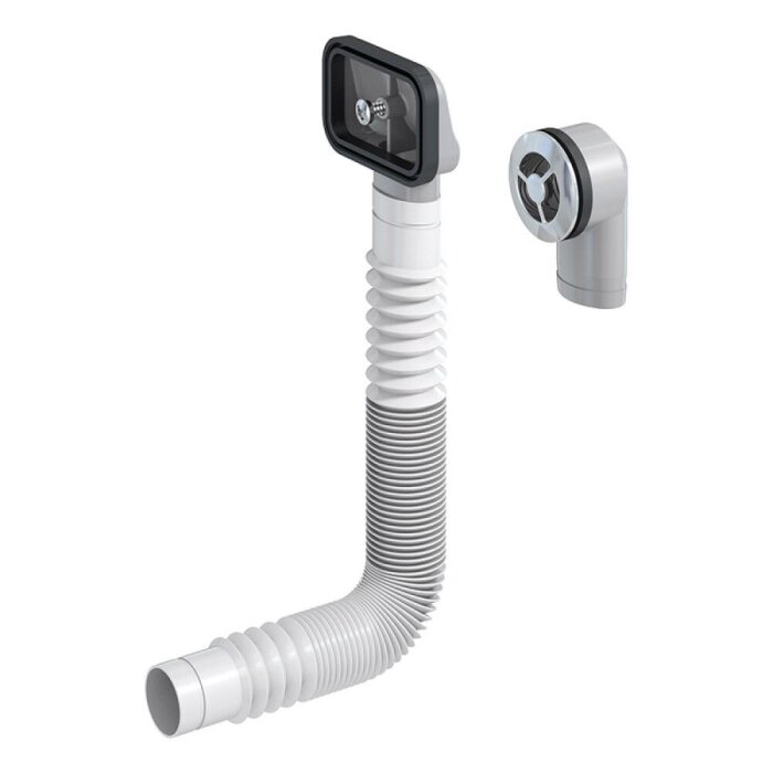 Flexibelt bräddavloppssats med skruv och rektangulärt täcklock; löstagbart bakstycke.