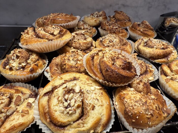 Kanelbullar med hackade nötter på en plåt, bakade till kanelbullens dag.