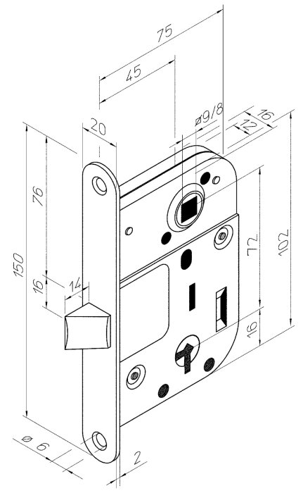 Ritning av låshus ASSA 2020 med mätningar och detaljerad struktur.