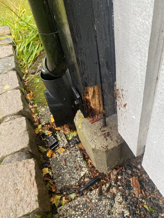 Ruttet trä i stolpe vid betongbas i uterum, intill en svart stupränna och stenar.