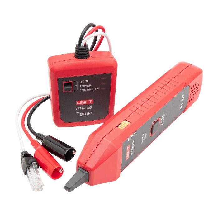Röd kabeltestare UNI-T UT682D med mottagare och sändare för att identifiera ledare, används för att spåra och testa kablar utan ström.