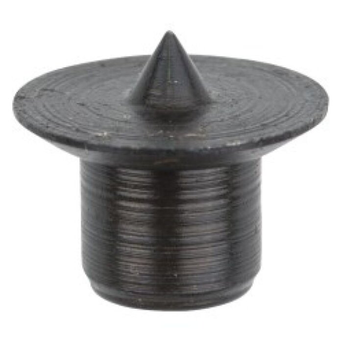 Metalliskt träpluggstift med centrerad spik för markeringsändamål vid byggprojekt.