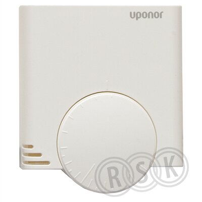 Uponor termostat i vit plast med en stor ratt på framsidan, troligen modell Wirsbo T-55 radio.