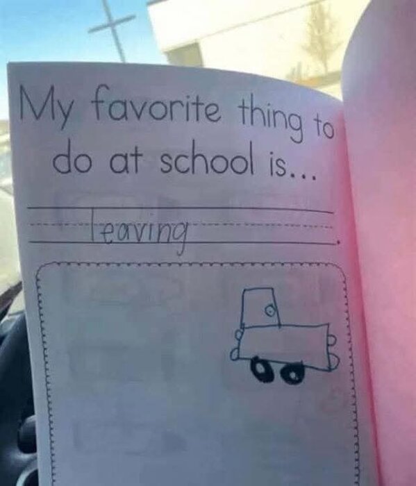 Barnsida som säger "My favorite thing to do at school is leaving" med en teckning av en skolbuss.