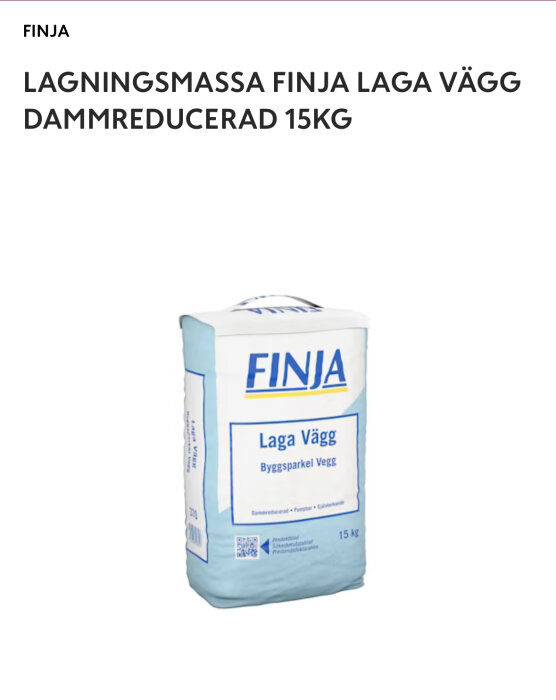 Paket med Finja Laga Vägg lagningsmassa, dammreducerad och väggspackel, 15 kg. Används för att skapa jämn yta för plattsättning.