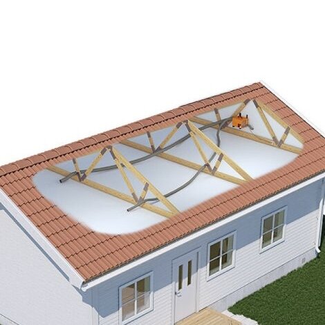 Illustration av en vind med avfuktare och ventilationsrör installerade, visar luftflödessystemet i ett hus.