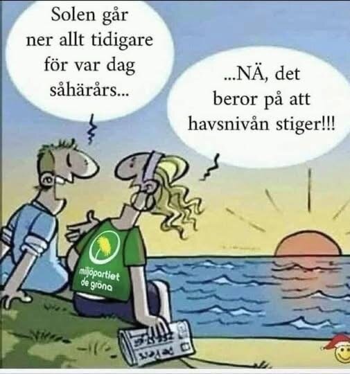 Tecknad bild av två personer vid havet, där en påpekar att solen går ner tidigare, och den andra svarar skämtsamt att det beror på stigande havsnivåer.