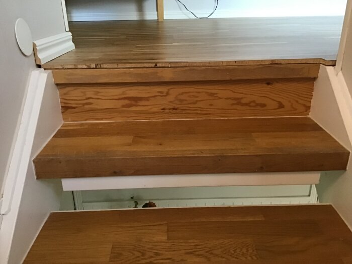 Trappsteg med parkett installerad och ojämn kant mot övervåningens golv. Problem med att få en snygg list att passa vinklarna.