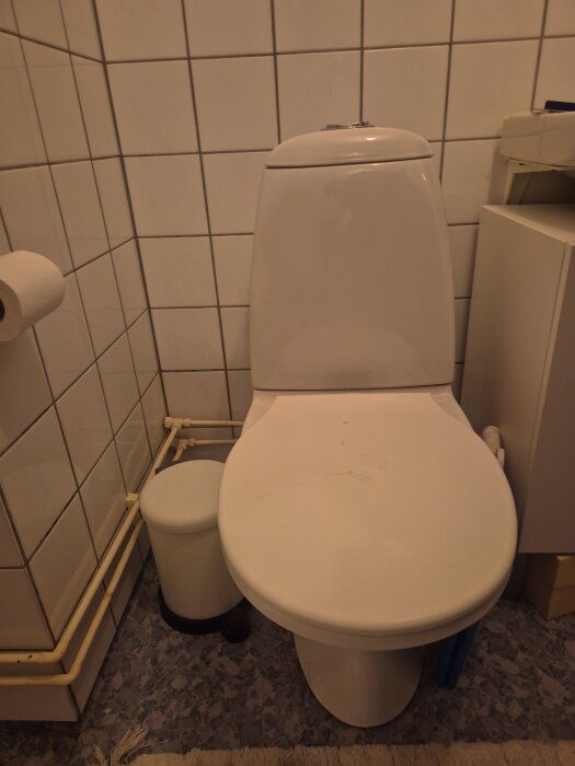 Vit toalettstol i ett kaklat badrum med en papperskorg bredvid och toalettpapper på en hållare.