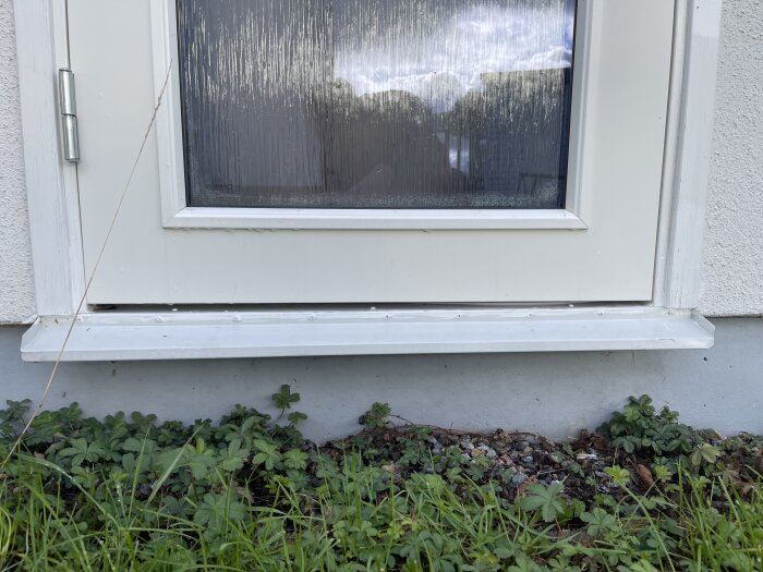 Vit fönsterkarm av plast med glasruta, omgiven av vit vägg. Under fönstret syns grönskande växtlighet och grus.