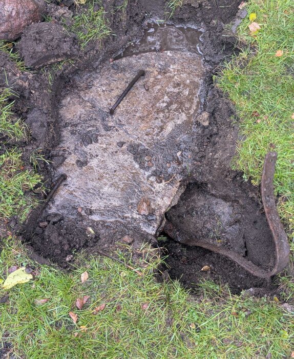 Halvt nedgrävt cementlock med två metallhandtag i en gräsmatta, omgivet av jord och gräs.