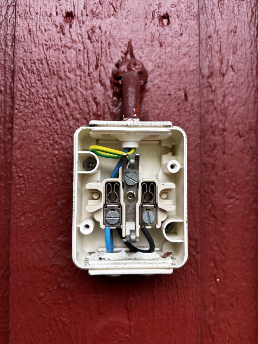 Öppet eluttag med blå, svart och grön/gul jordkabel mot röd vägg.