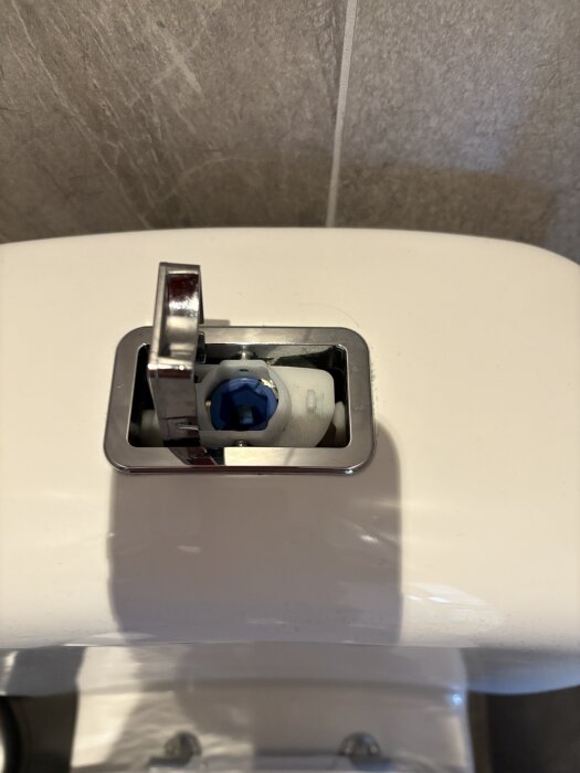 Toalett med öppet litet lock på cisternen och en blå WC-stick synlig inuti.