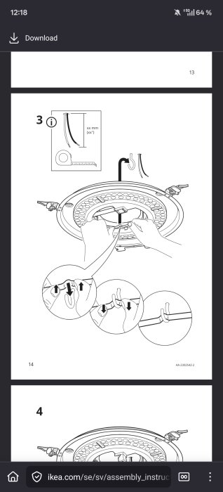 Instruktioner för montering av Ikea Nymåne taklampa med krok och bygel, inklusive kabelanslutning och detaljerad upphängning på krok.