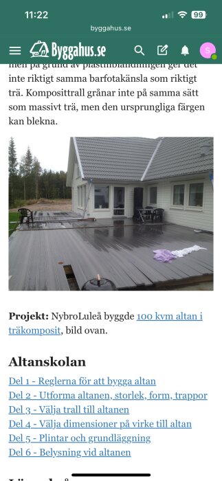 En nybygge altan i träkomposit vid ett hus, omgiven av utemöbler och en våt yta, med skog i bakgrunden.