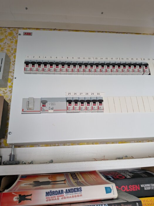 Elcentral med automatsäkringar och huvudströmbrytare, där strömbrytaren är nedfälld. Böcker syns på hylla nedanför.