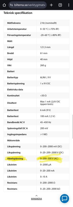 Teknisk specifikation för en digital multimeter, visar mätfrekvens, temperaturintervall, mått, batterityp och mätområden för AC och DC.
