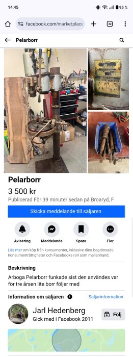 En pelarborrmaskin av märket Arboga med rostiga delar, en närbild på maskinens informationsskylt och ett plastfack med borr i en verkstadsmiljö.