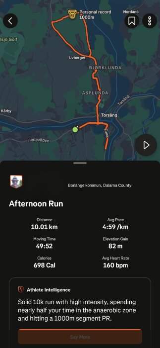 Bild av en terrängkarta med en markerad rutt för en löprunda på 10,01 km i Borlänge kommun. Statistik visas, inklusive tid och puls.