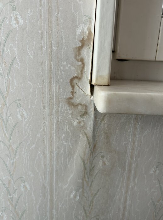 Vattenskada vid fönster i lägenhet. Fläckar och missfärgning syns nära fönsterramen på en tapet med blommönster i ljusa färger.